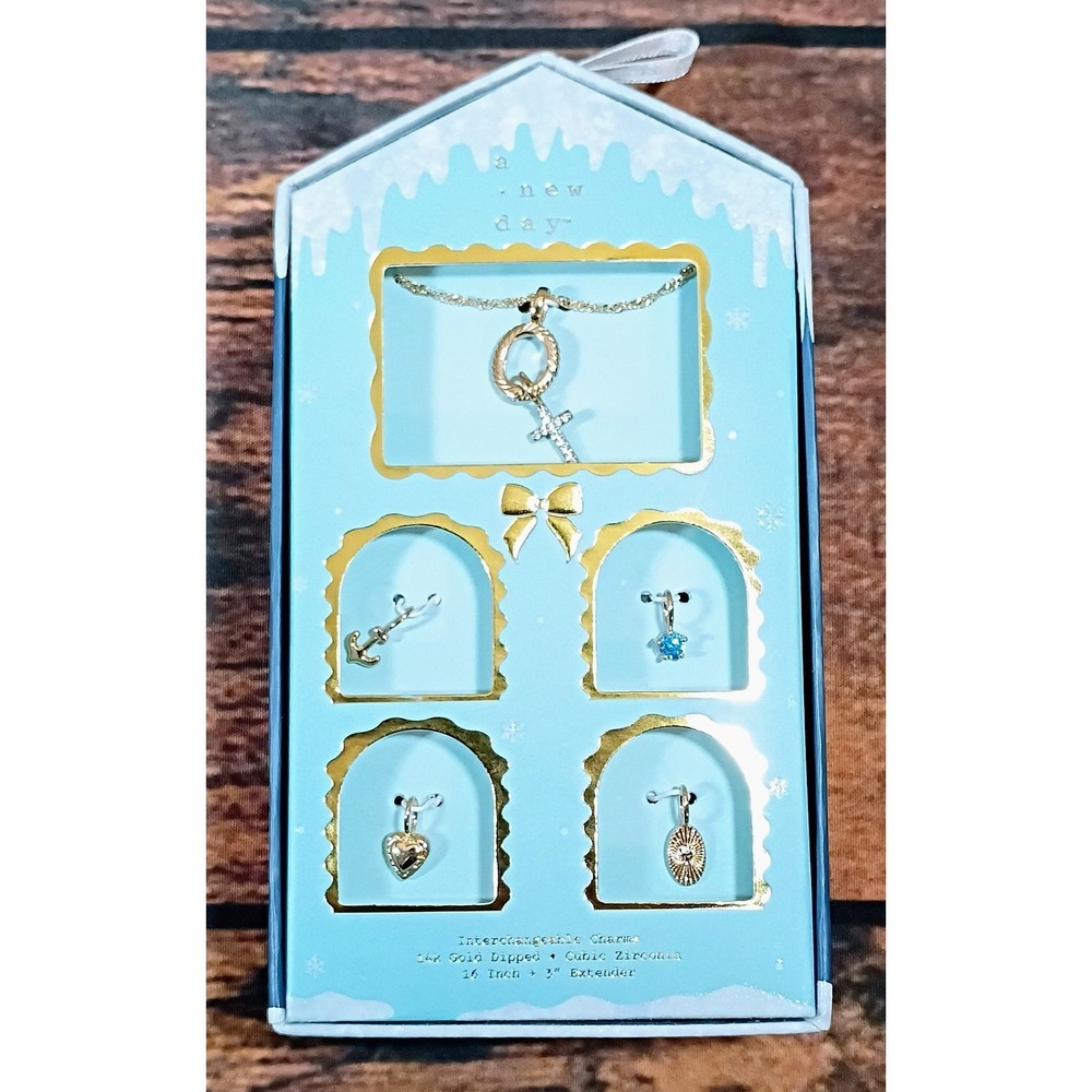 A New Day 14K Gold Dipped Interchangeable Charm Necklace Set Cubic Zirconia 16in
